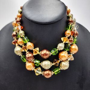Vintage Japan Beaded Necklace Three Strand Brown Green Peach Adjustable 16"